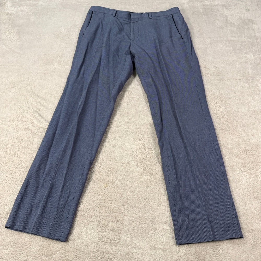 Hugo Boss Mens 34x32 Slim Fit Blue Textured Wool Dress Pants Trousers Classic